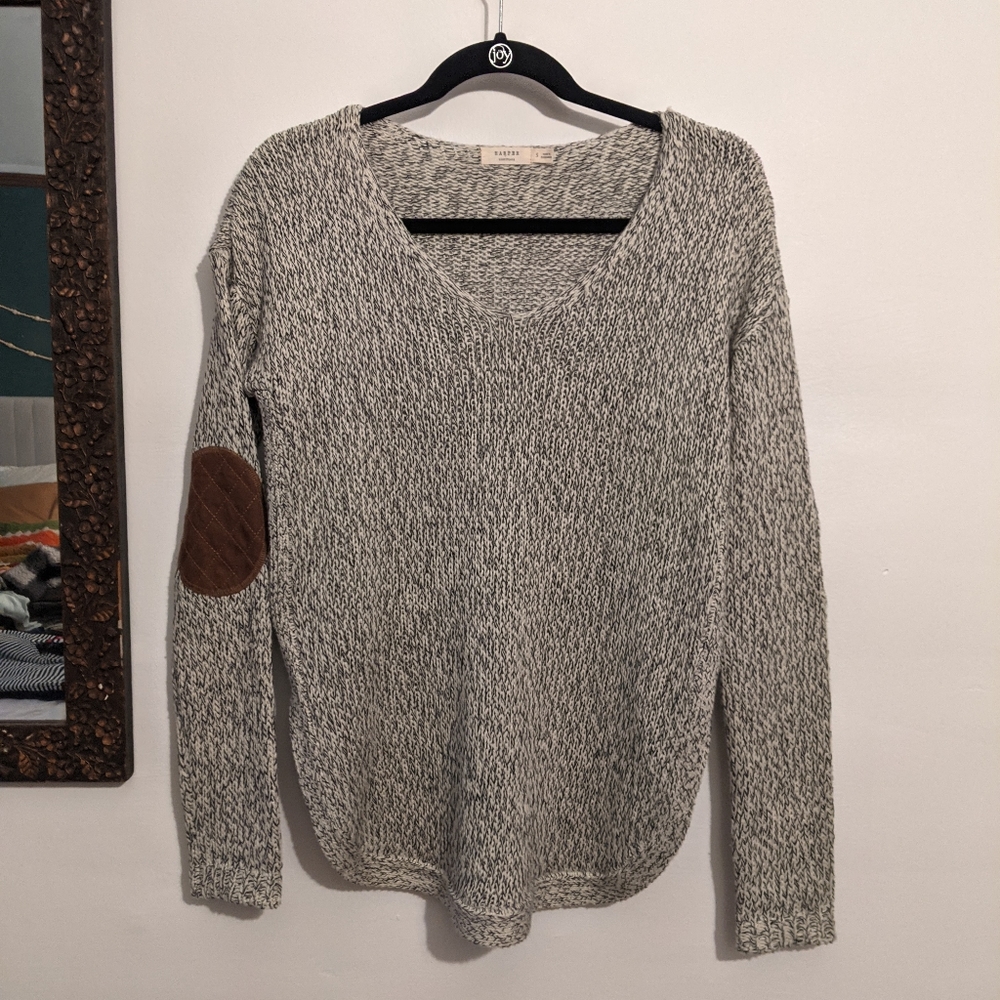 Harper heritage elbow patch grey marled chunky knit sweater